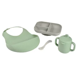 BÉABA Goûter Sain|Couverts Vaisselle Et Bavoirs*Coffret repas silicone Les essentiels Gris/Vert sauge Velvetg/sgree