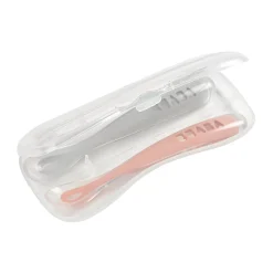 BÉABA Couverts Vaisselle Et Bavoirs*Lot 2 cuillères 1er âge silicone avec boite de transport Rose/Gris Windyblue