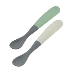 BÉABA Couverts Vaisselle Et Bavoirs*Lot 2 cuillères 1er âge silicone bi-ton avec boîte de transport Gris/Vert sauge Mineralg/green