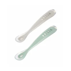BÉABA Couverts Vaisselle Et Bavoirs*Lot 2 cuillères 1er âge silicone avec boite de transport Vert sauge/Gris velours Windyblue