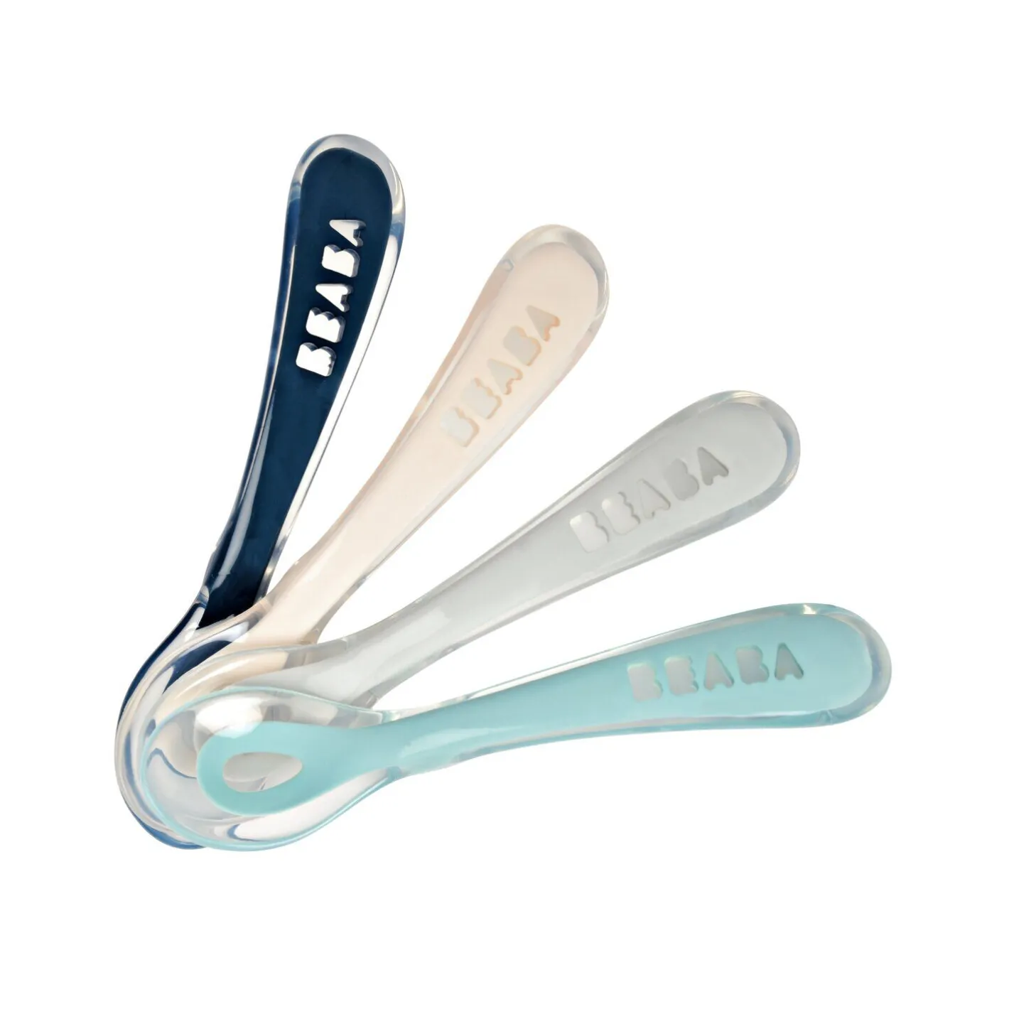 BÉABA Couverts Vaisselle Et Bavoirs*Lot 4 cuillères 2ème âge silicone Bleu/Rose/Gris Drizzle