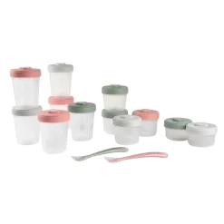 BÉABA Couverts Vaisselle Et Bavoirs|Pots De Conservation*Pack premiers repas (12 portions + 2 cuillères) Eucalyptus/Rose/Gris Storm