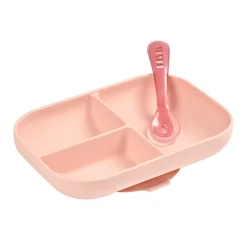 BÉABA Couverts Vaisselle Et Bavoirs*Set repas Silicone - Assiette compartimentée et cuillère 2ème âge Rose Blue
