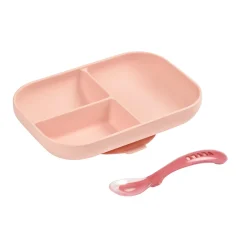 BÉABA Couverts Vaisselle Et Bavoirs*Set repas Silicone - Assiette compartimentée et cuillère 2ème âge Rose Blue