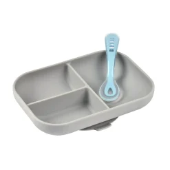 BÉABA Couverts Vaisselle Et Bavoirs*Set repas Silicone - Assiette compartimentée et cuillère 2ème âge Gris Blue