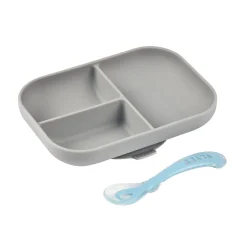 BÉABA Couverts Vaisselle Et Bavoirs*Set repas Silicone - Assiette compartimentée et cuillère 2ème âge Gris Blue