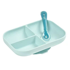 BÉABA Couverts Vaisselle Et Bavoirs*Set repas Silicone - Assiette compartimentée et cuillère 2ème âge Bleu Blue