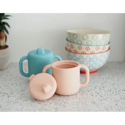 BÉABA Goûter Sain|Couverts Vaisselle Et Bavoirs*Tasse d'apprentissage silicone Rose Blue